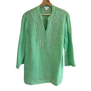 Charter Club Womens Linen Beaded Tunic Top Size L Beach Resort Loose Travel